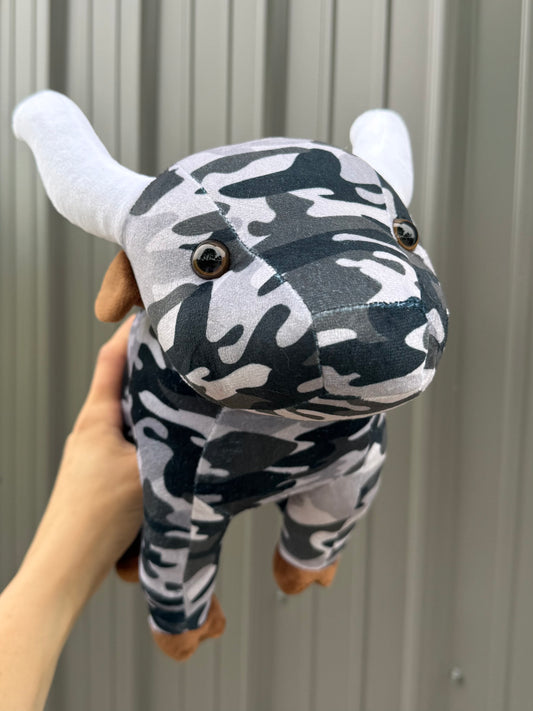Gray Camo Long Horn Cow Plushie
