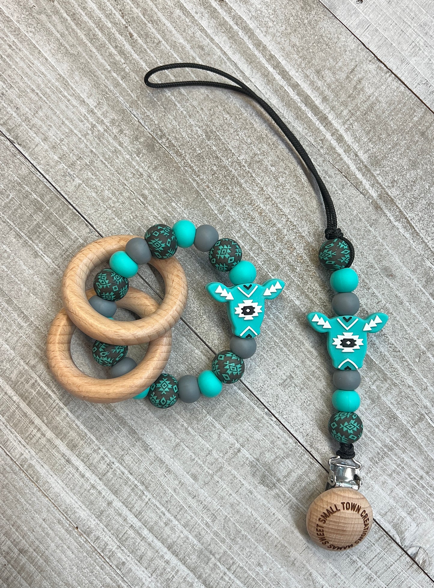 Turquoise/Black/ Gray Aztec Cow Teether Bundle