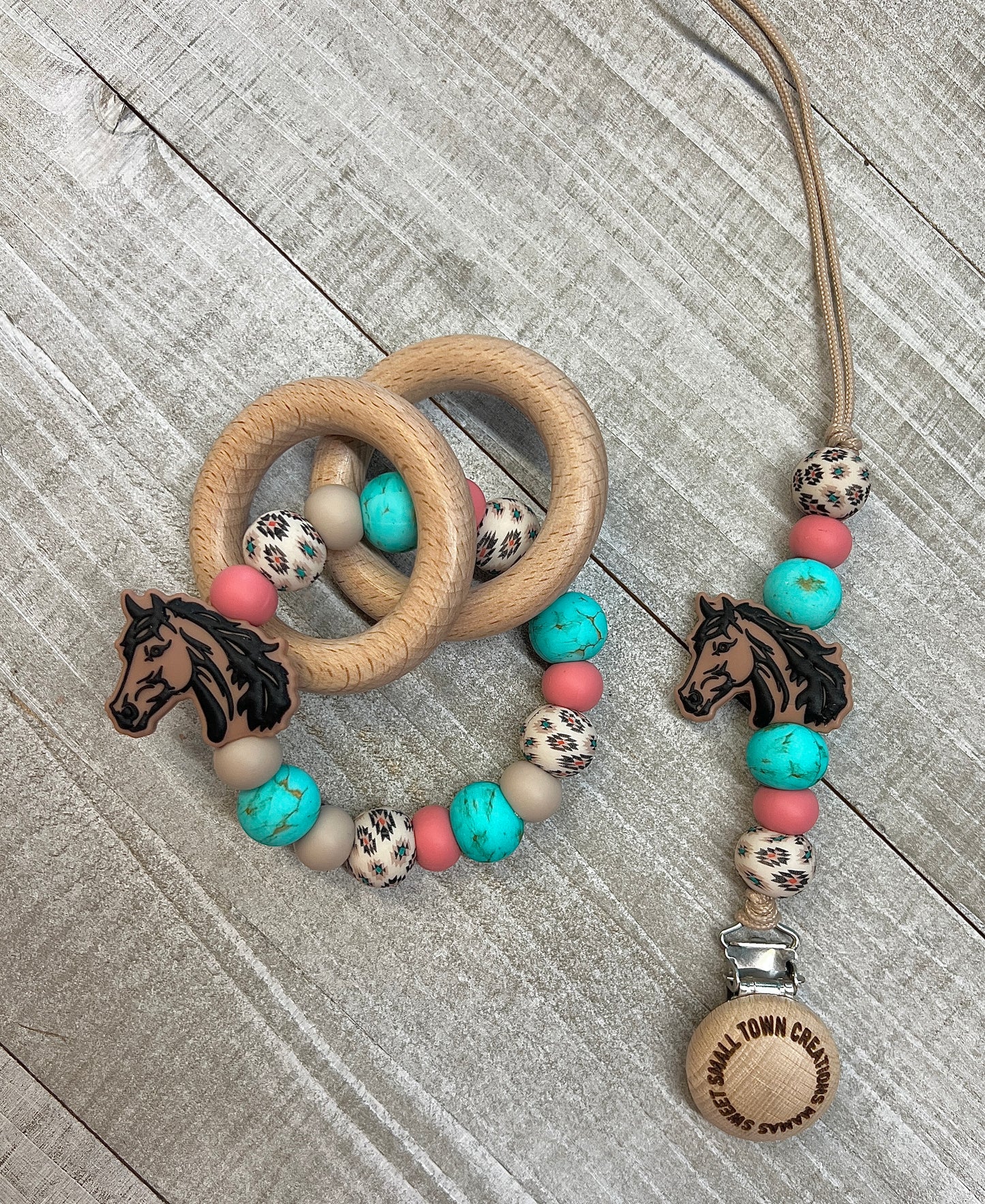 Coral/ Turquoise Beige Aztec Horse Teether Set