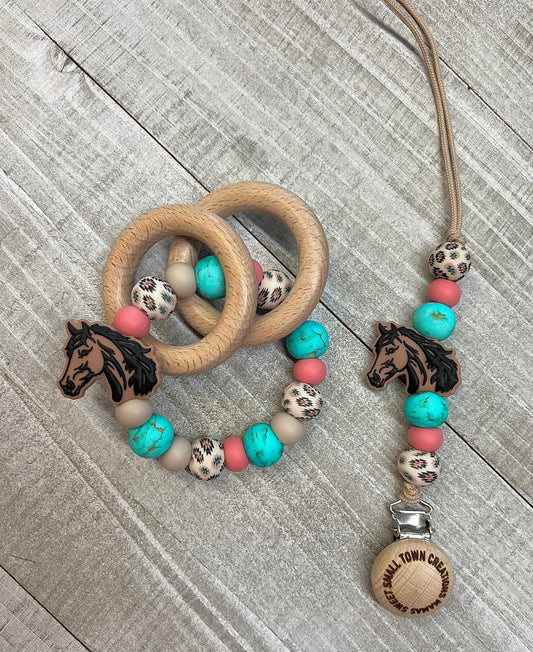 Coral/ Turquoise Beige Aztec Horse Teether Set