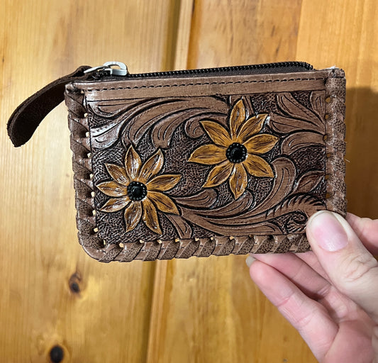 Tooled Sunflower Cowhide Backing Coin Purse