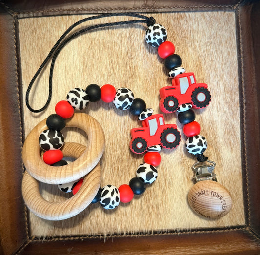 Red Tractor Cow Print Teether Set