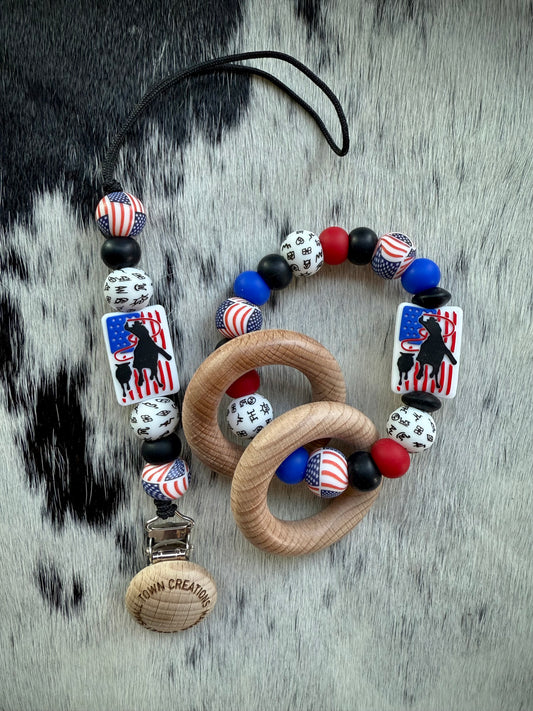 Patriotic Flag Rodeo Roping Cow Teether Set