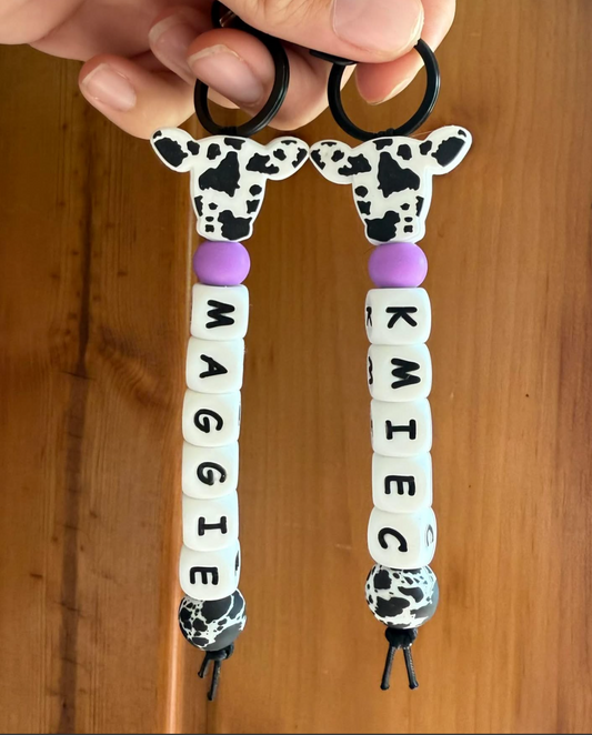 Black Cowhide Cow Name Keychain