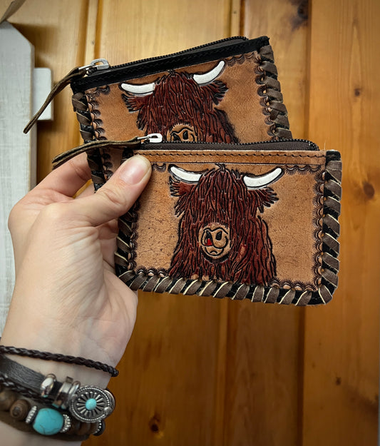 Highland Tooled Leather Coin Purse with Cowhide backing