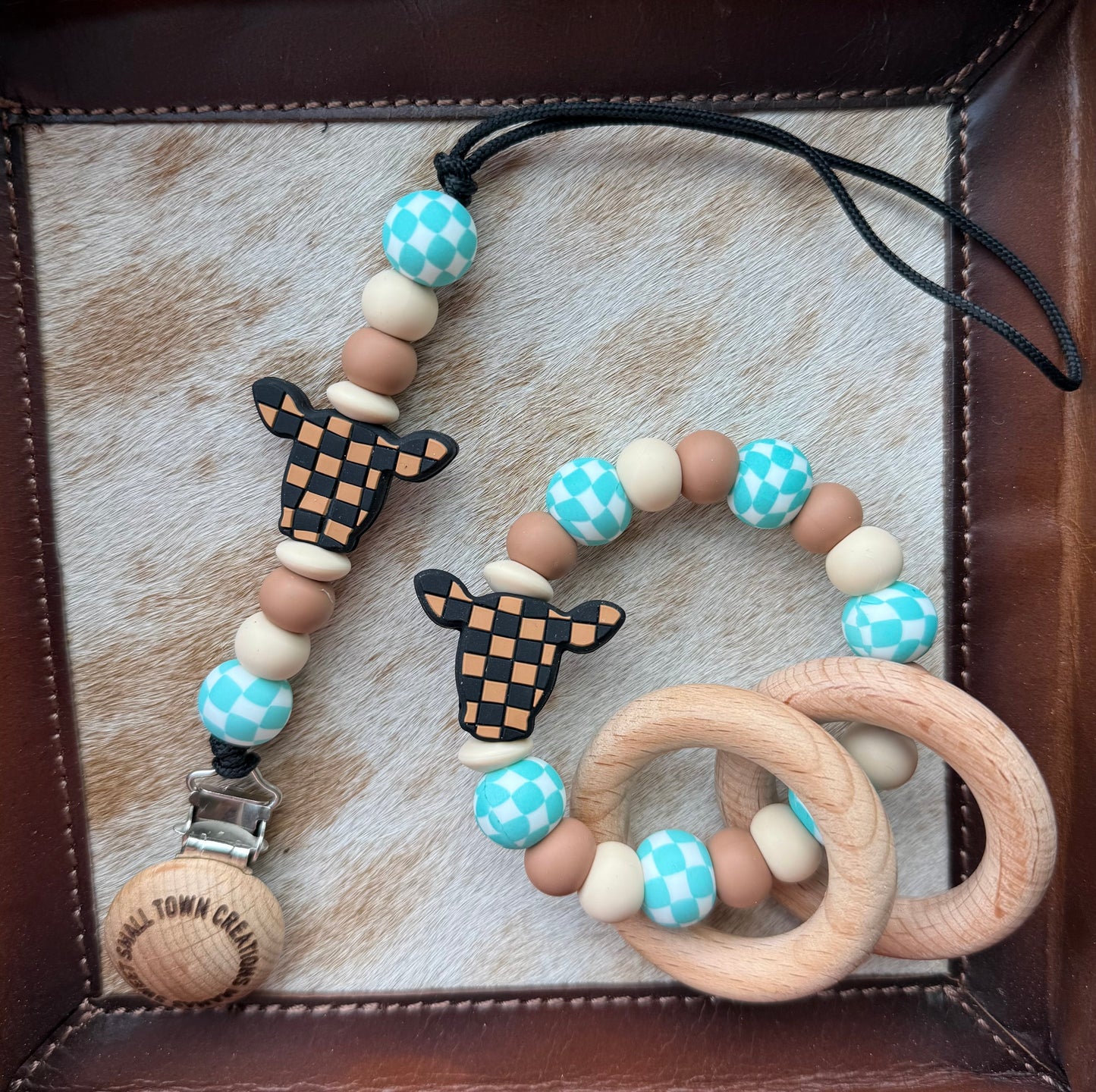 Turquoise Brown/ Tan  Check Teether Set