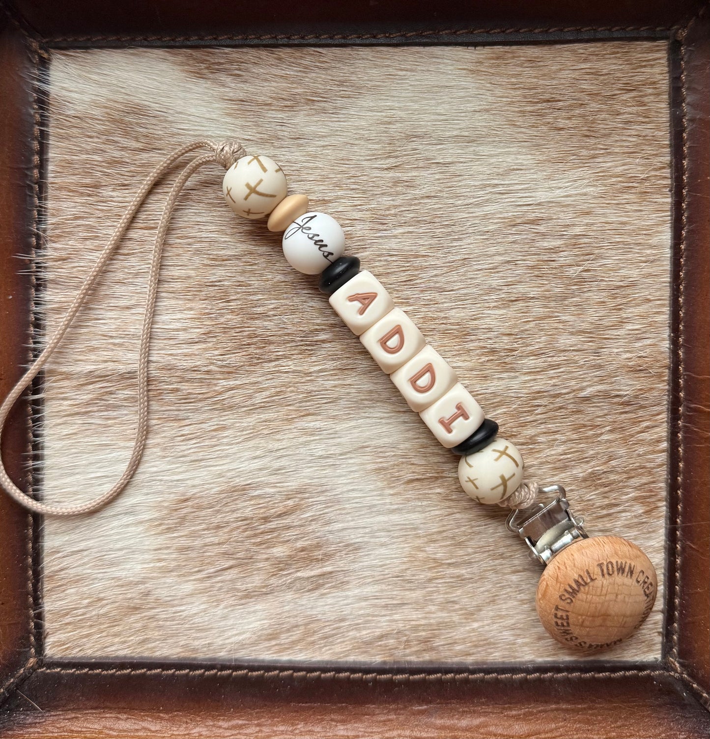 Tan Cross Jesus Custom Name Pacifier Holder