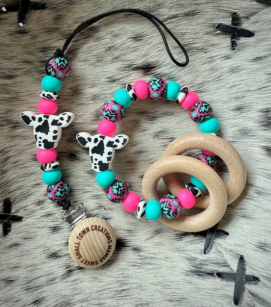 Pink / Turquoise Cow Print Teether Set