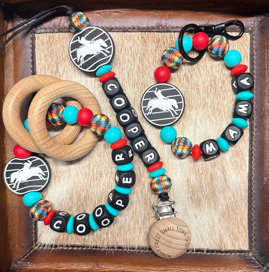 Red Turquoise Yellow Aztec Bucking Horse Teether Set With Name