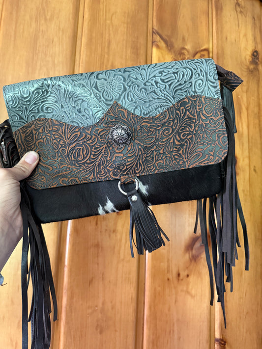 Large Cowhide and Tooled Leather Wristlet