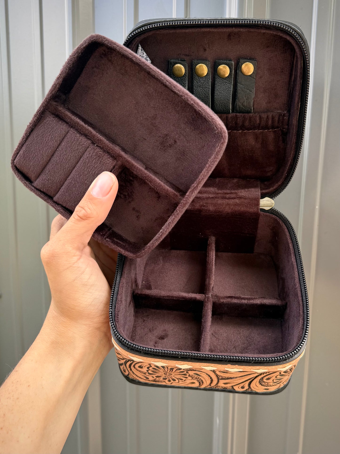 Rust Brown Red Tooled Top Brown Speckled Cowhide Square Jewelry Zipper Box