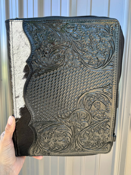 Black Tooled Leather Binder Planner Tooled Leather Cowhide with Crossbody Strap
