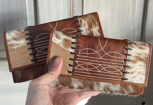 Light Brown Brown Genuine Cowhide Leather Bootstitch Wallet