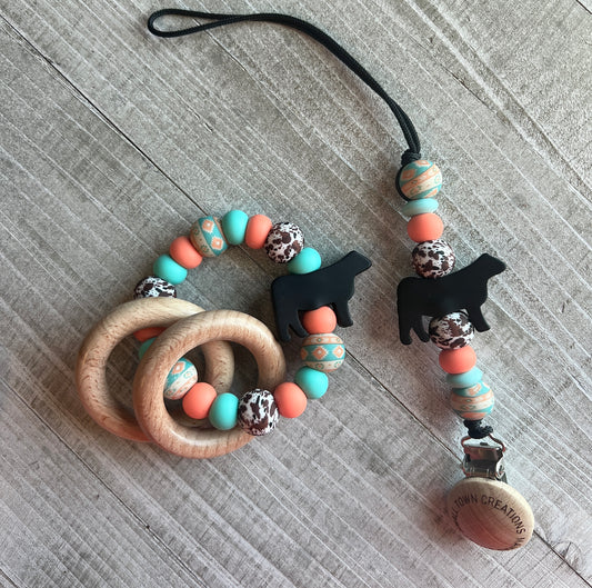 Boho Aztec Turquoise/Coral Brown Cowhide Teether Bundle
