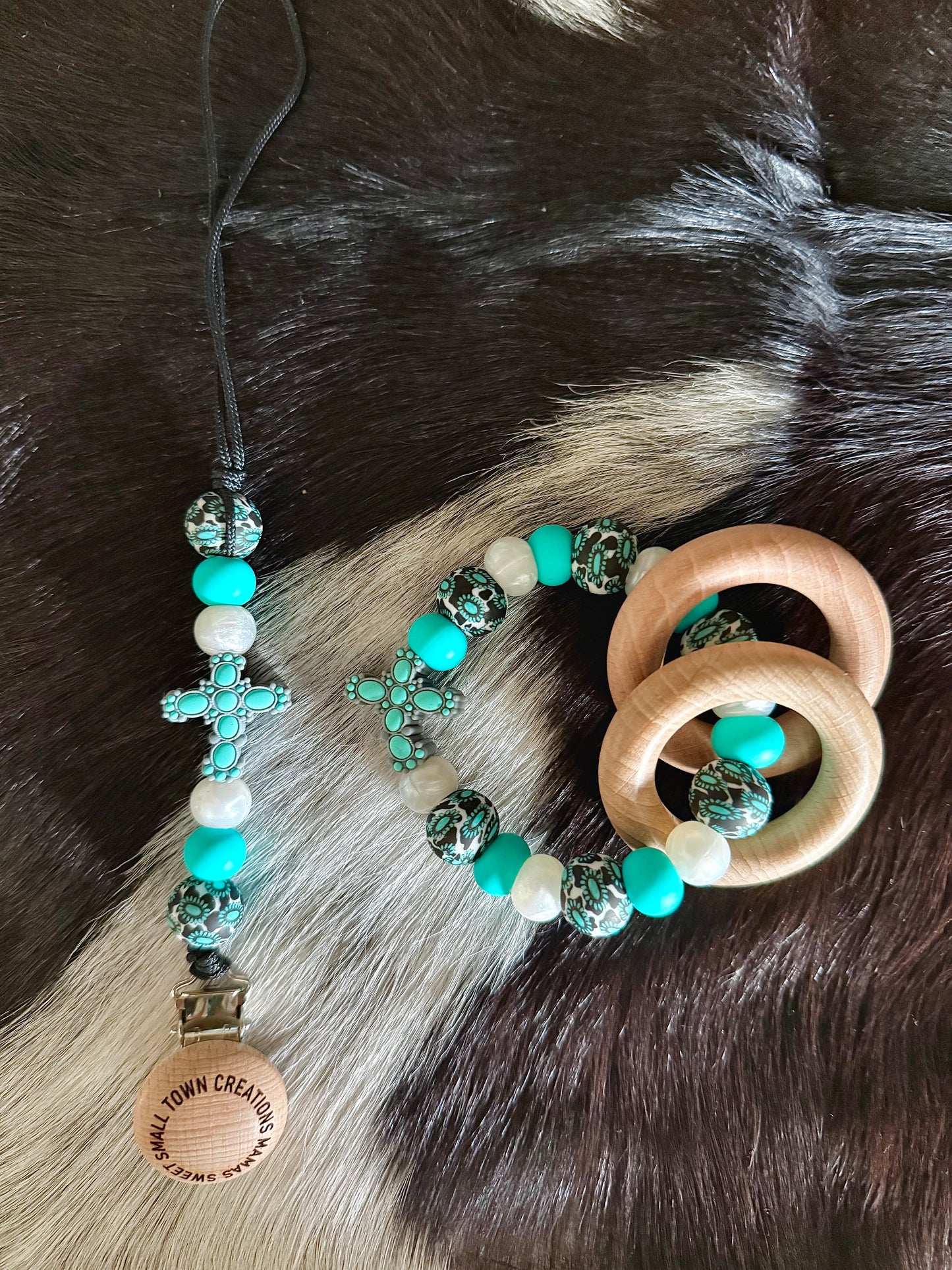 Western Cow Print Turquoise Cross Teether Set