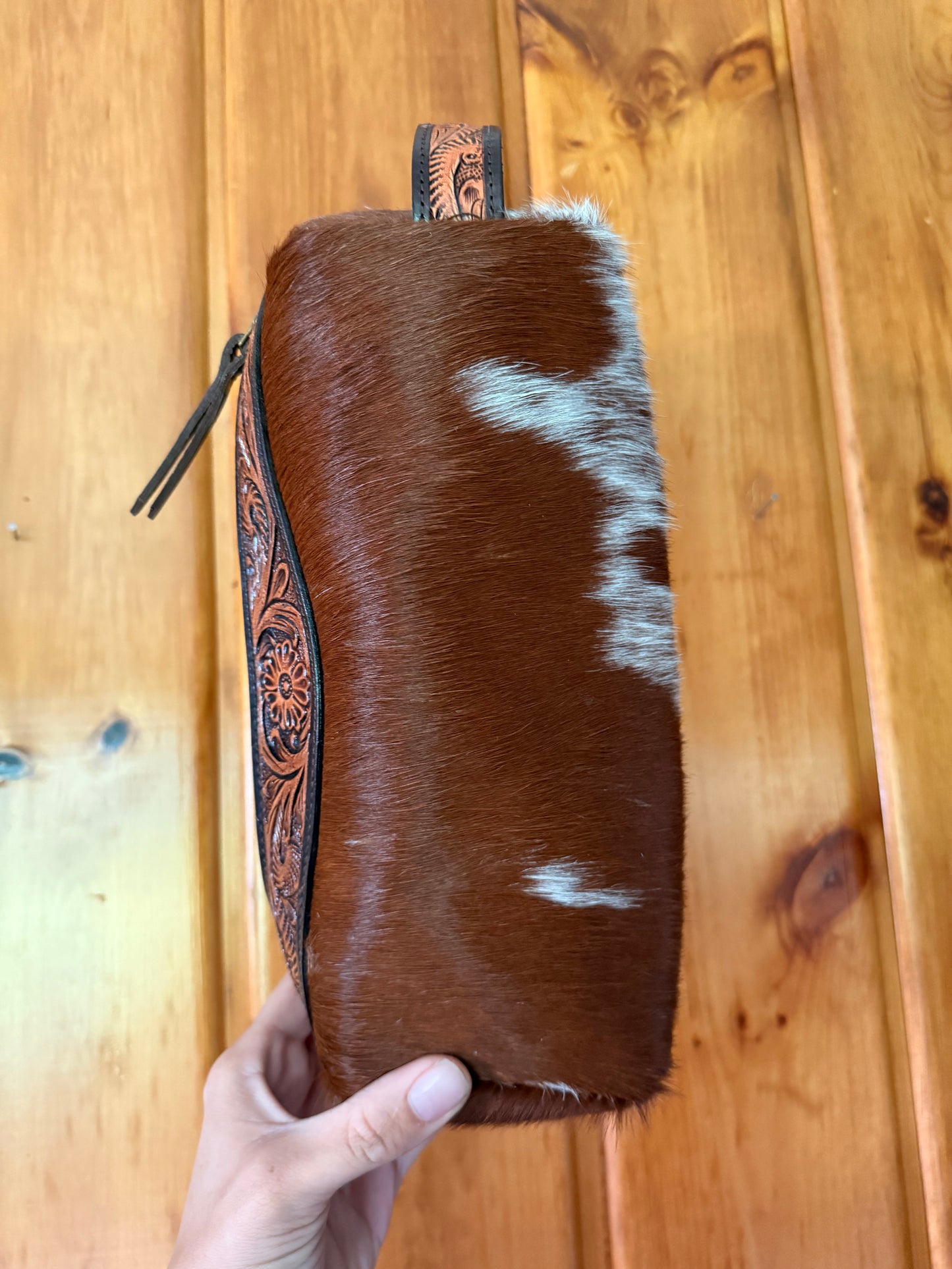 Dark Brown Tooled Leather Cowhide Toiletry Bag