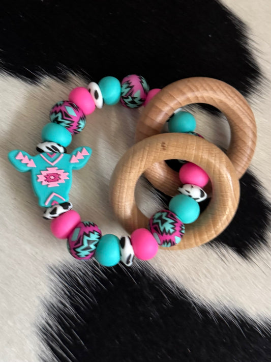 Pink Aztec TurquoiseBlack Cow Print Teether Rattle