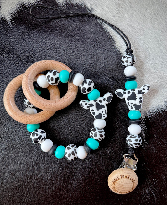 Black Cow Turquoise Teether Set