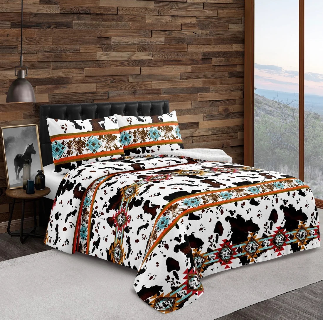 Rust Aztec Cowhide Sherpa Bedding Set