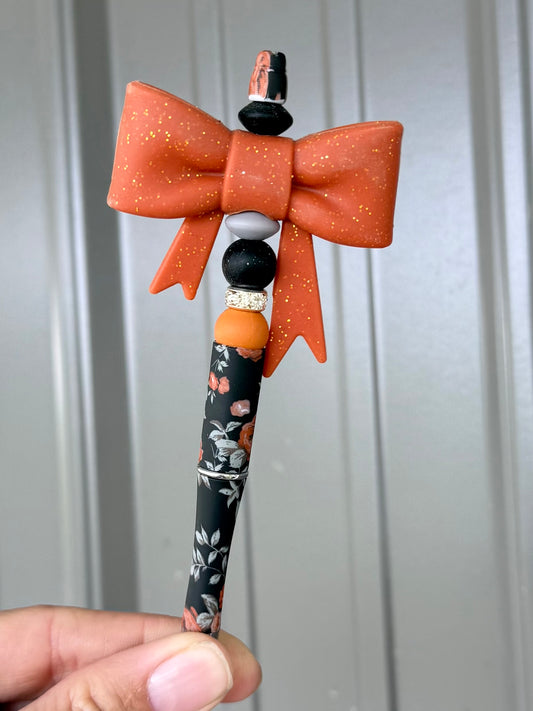 Rust Orange Black Floral Big Bow Pen