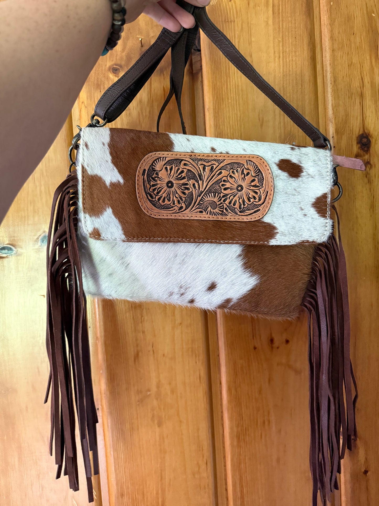 Brown Cowhide Tooled Leather Crossbody Purse