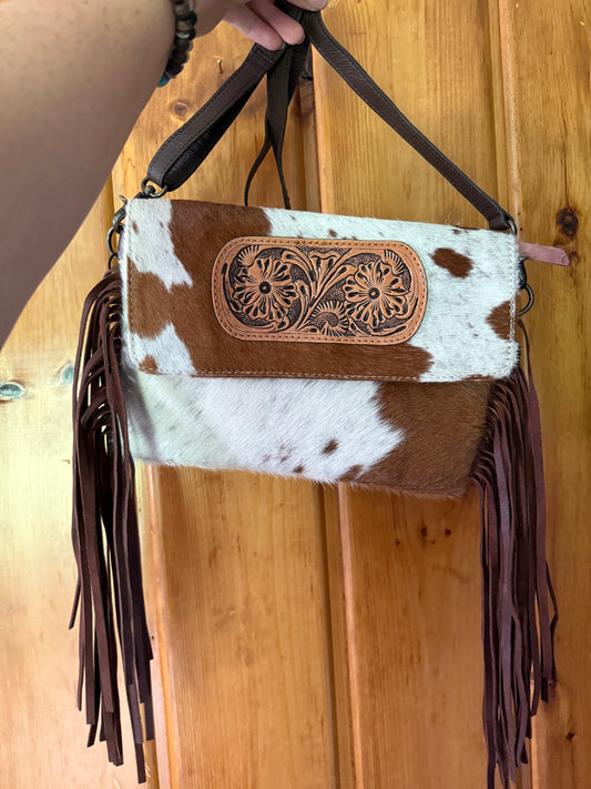 Brown Cowhide Tooled Leather Crossbody Purse