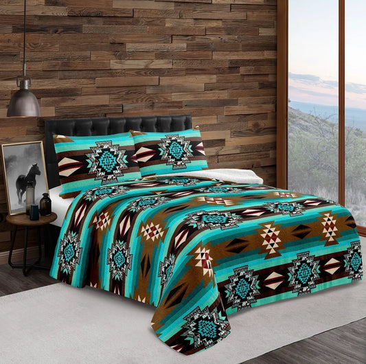 Turquoise Aztec Sherpa Bedding Set