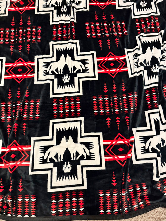 Red / Black Aztec Wolf King Size Super Plush Blanket