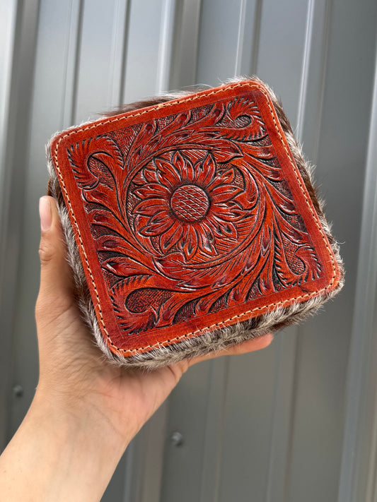 Rust Brown Red Tooled Top Brown Speckled Cowhide Square Jewelry Zipper Box