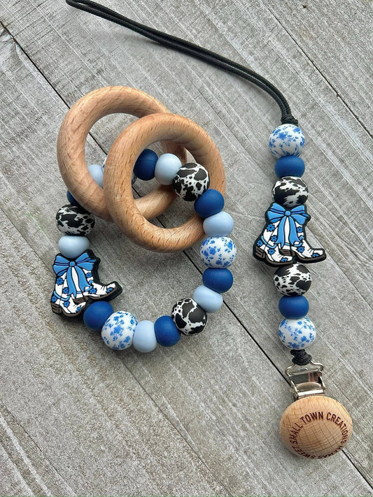 Blue Dainty Floral Boots Cowhide Teether Set