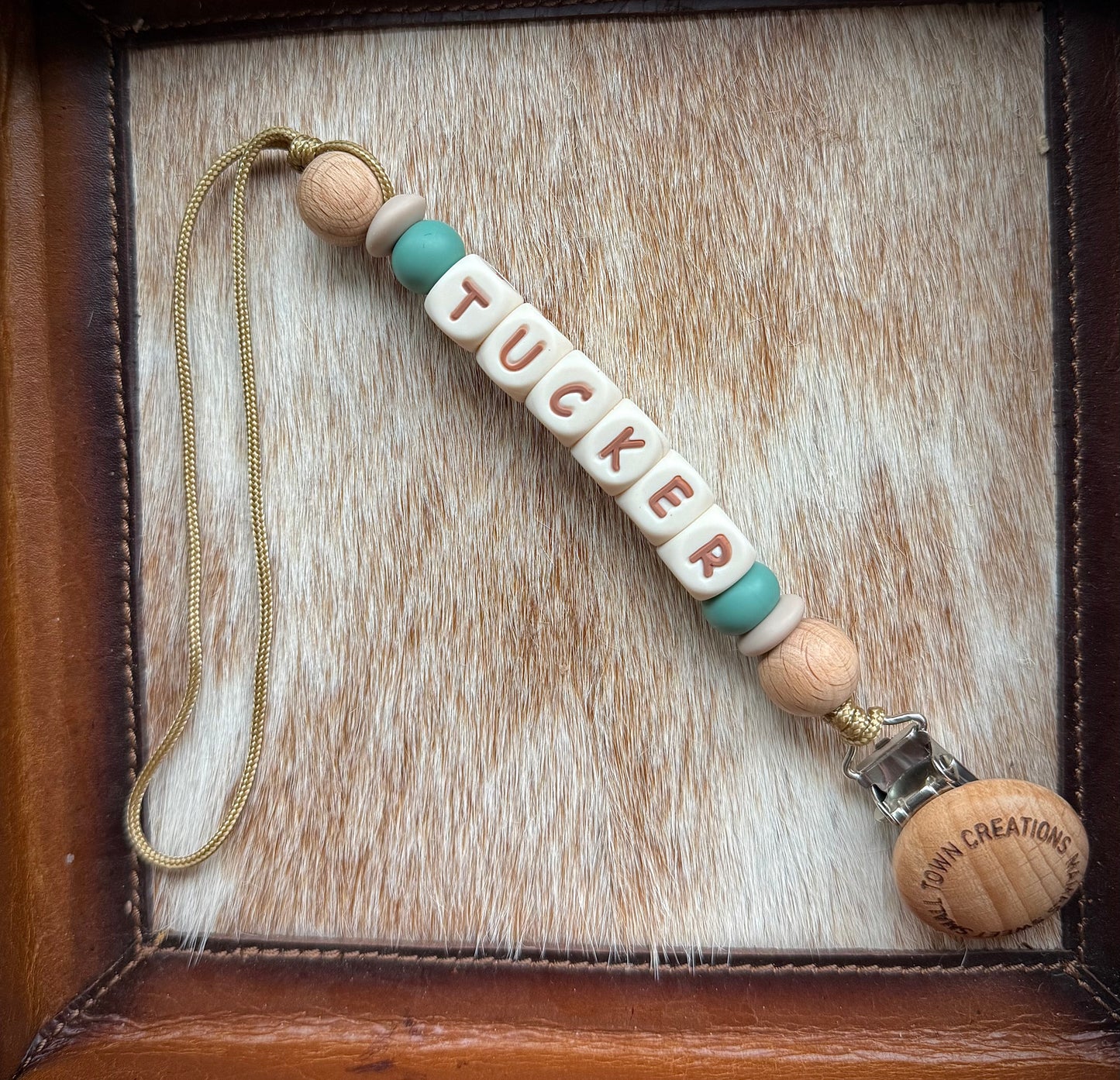 Dark Sage and Wood Custom Name Pacifier Holder