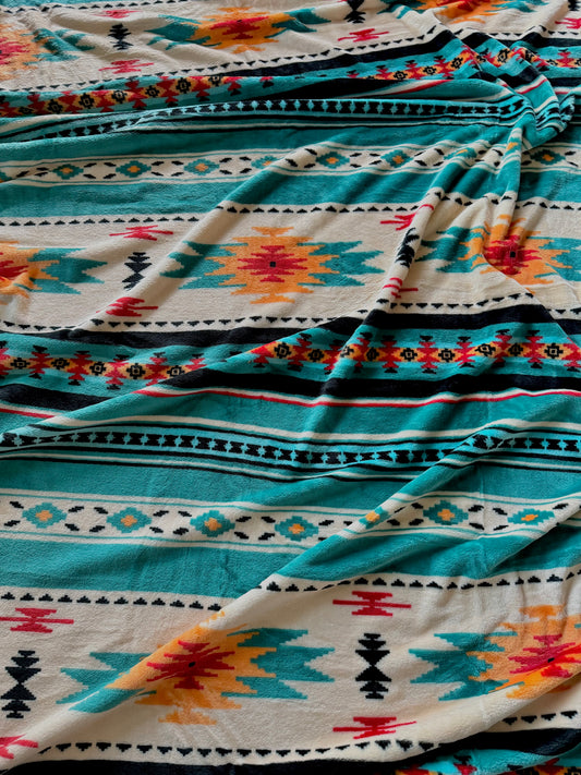 Vintage Aztec Turquoise Yellow King Size Super Plush Blanket