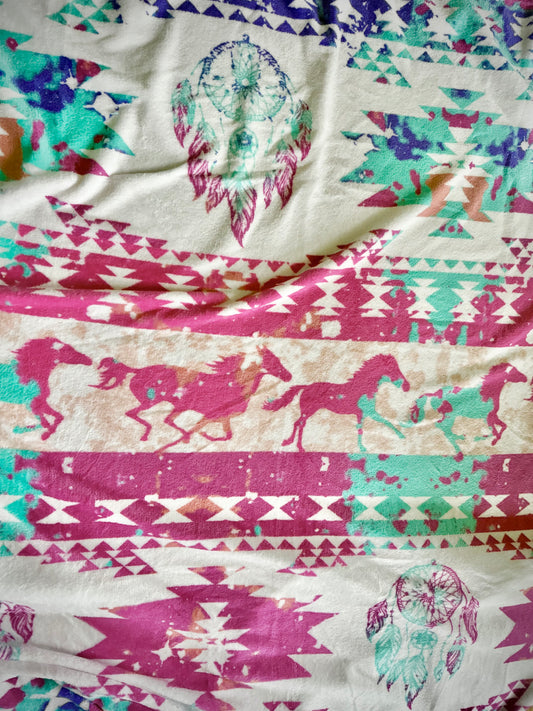 Pink and Turquoise Running Horses Super Plush Queen Blanket