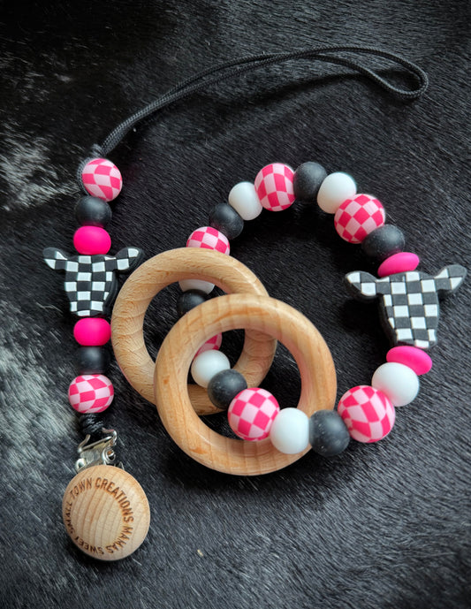 Pink Checkered Cow Teether Set