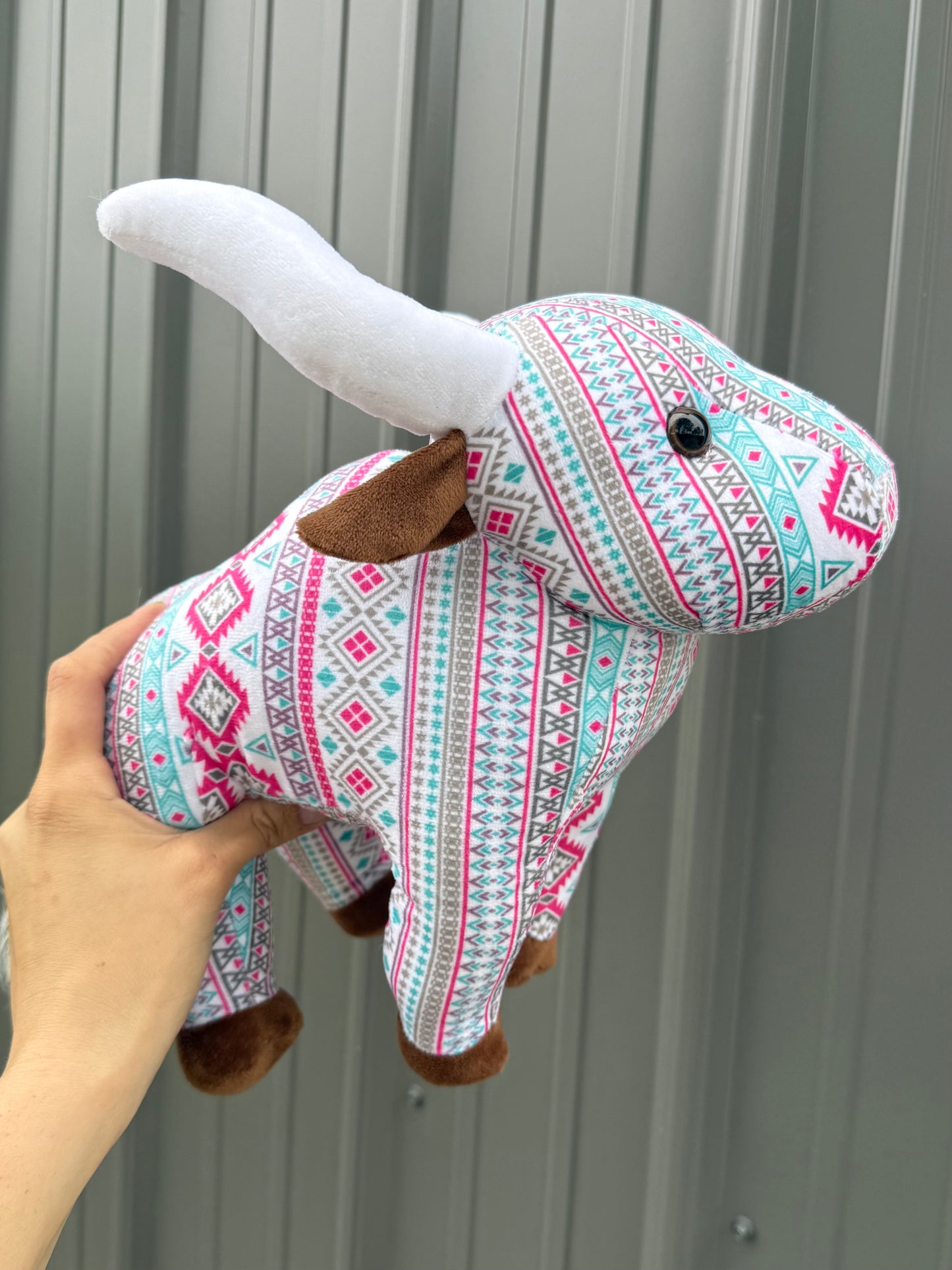 Pink Turquoise Aztec Long Horn Cow Plushie