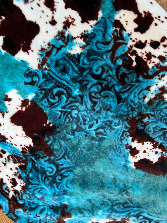 King Size Brown Cowhide Tooled Turquoise Leather Super Plush Blanket