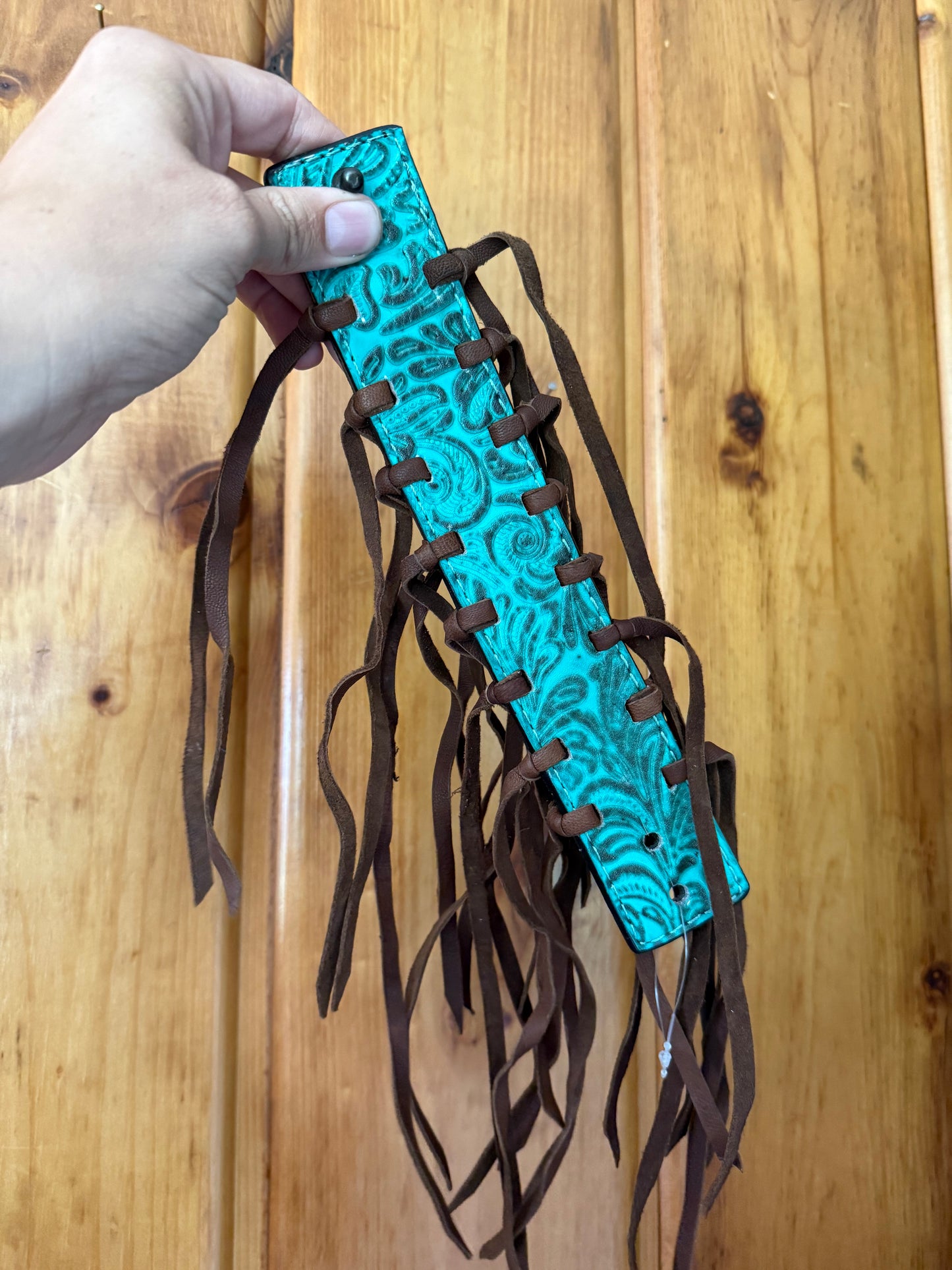 Turquoise Tooled Leather Bracelet with Fringe