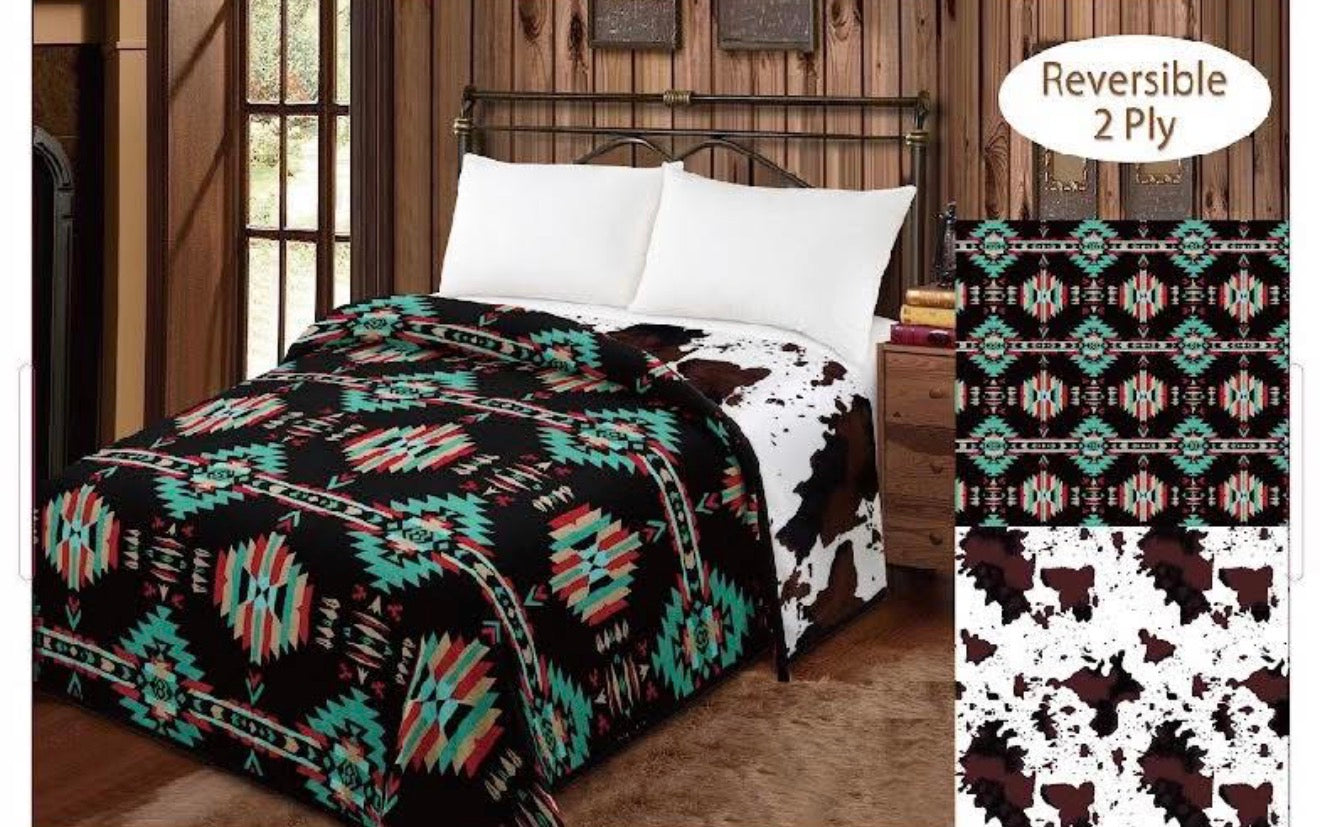 Black Aztec Brown Cowhide Reversible Blanket