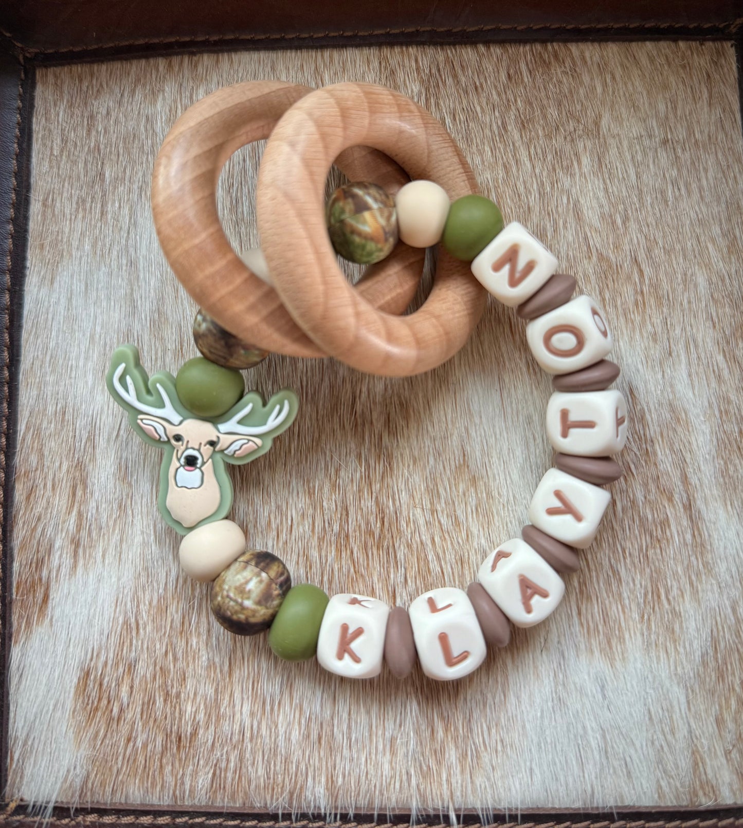Green Deer Beige Letters Teether Rattle