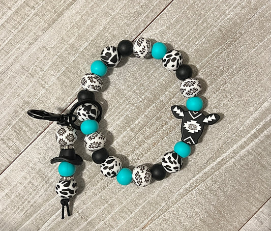 Western Aztec Black Cow w/ Turquoise Non Stretch Keychain Wristlet Set