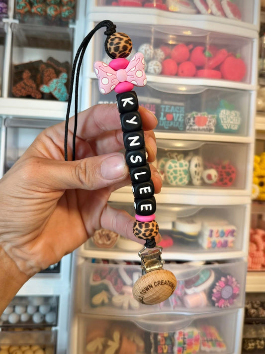Pink Cheetah Bow Custom Name Pacifier Holder