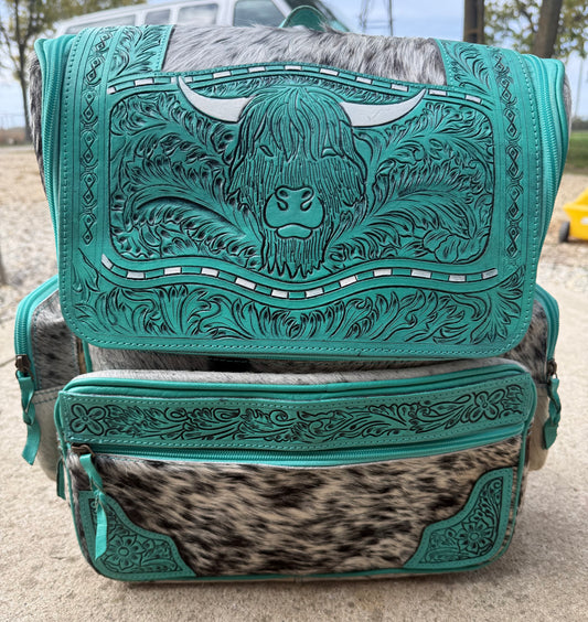 Turquoise Highland Cow Tooled Leather Black Speckled Cowhide Backpack / Diaper Bag