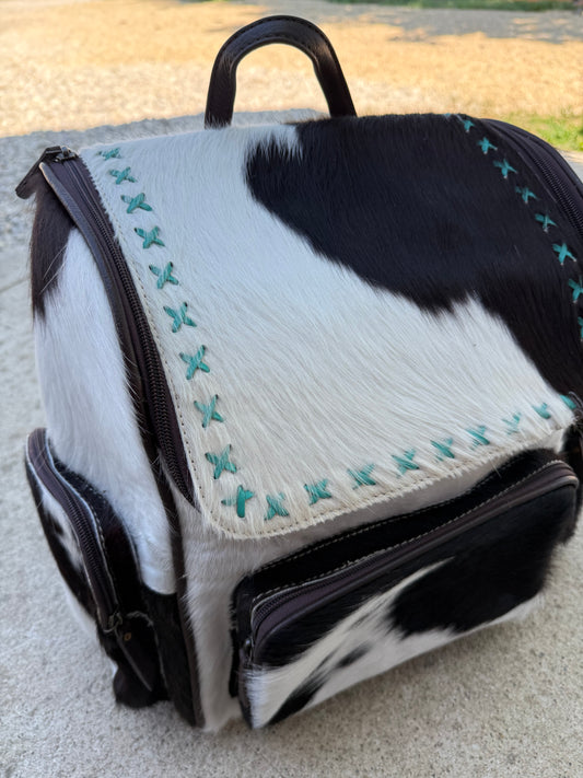 Black & White Cowhide Turquoise Stitching Backpack / Diaper Bag