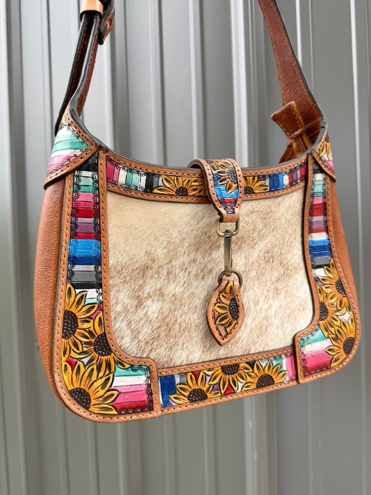 Colorful Sunflower Tooled Genuine Cowhide Purse