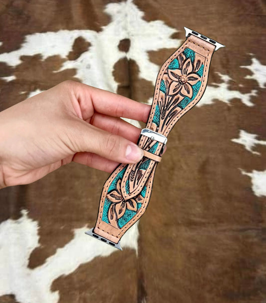 Genuine Tooled Leather Turquoise Flower A p p l e Watch Band