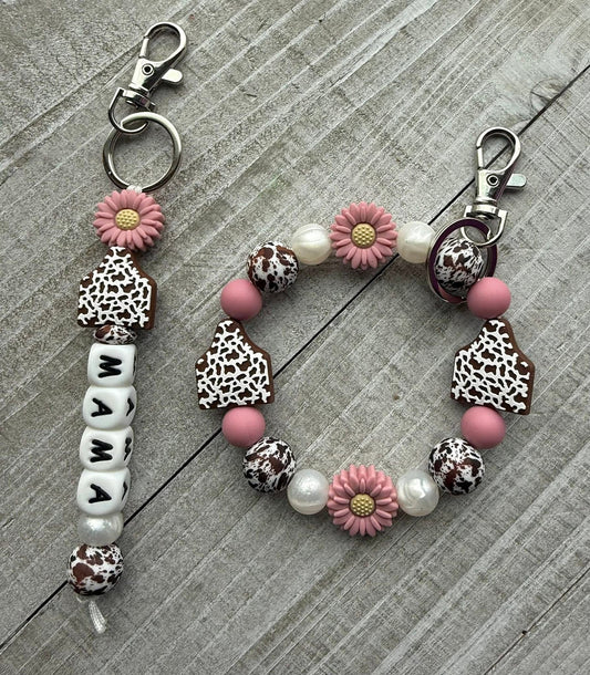 Mauve Flower Mama Cow Tag Keychain Set