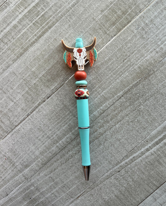 Beige Rust Aztec Boho Cow Skull Pen