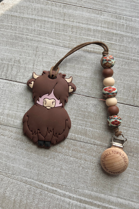 Brown Highland Cow Beige Aztec  Teether Clip