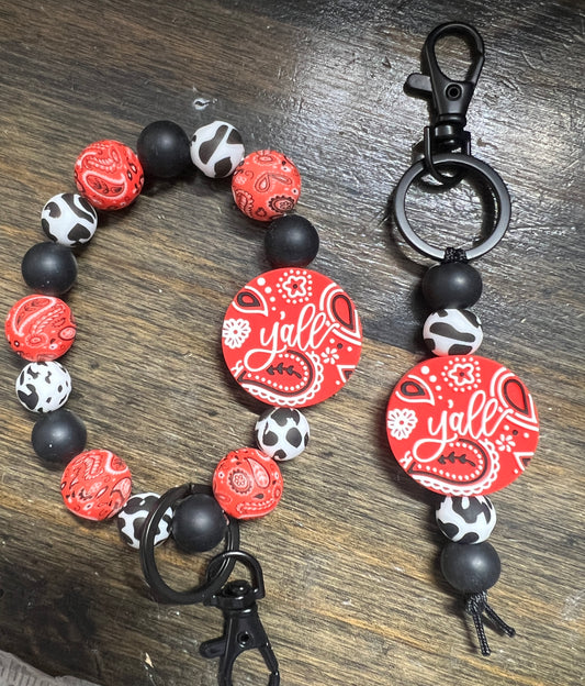 Y’all Red Bandanna Cow Print Keychain Set
