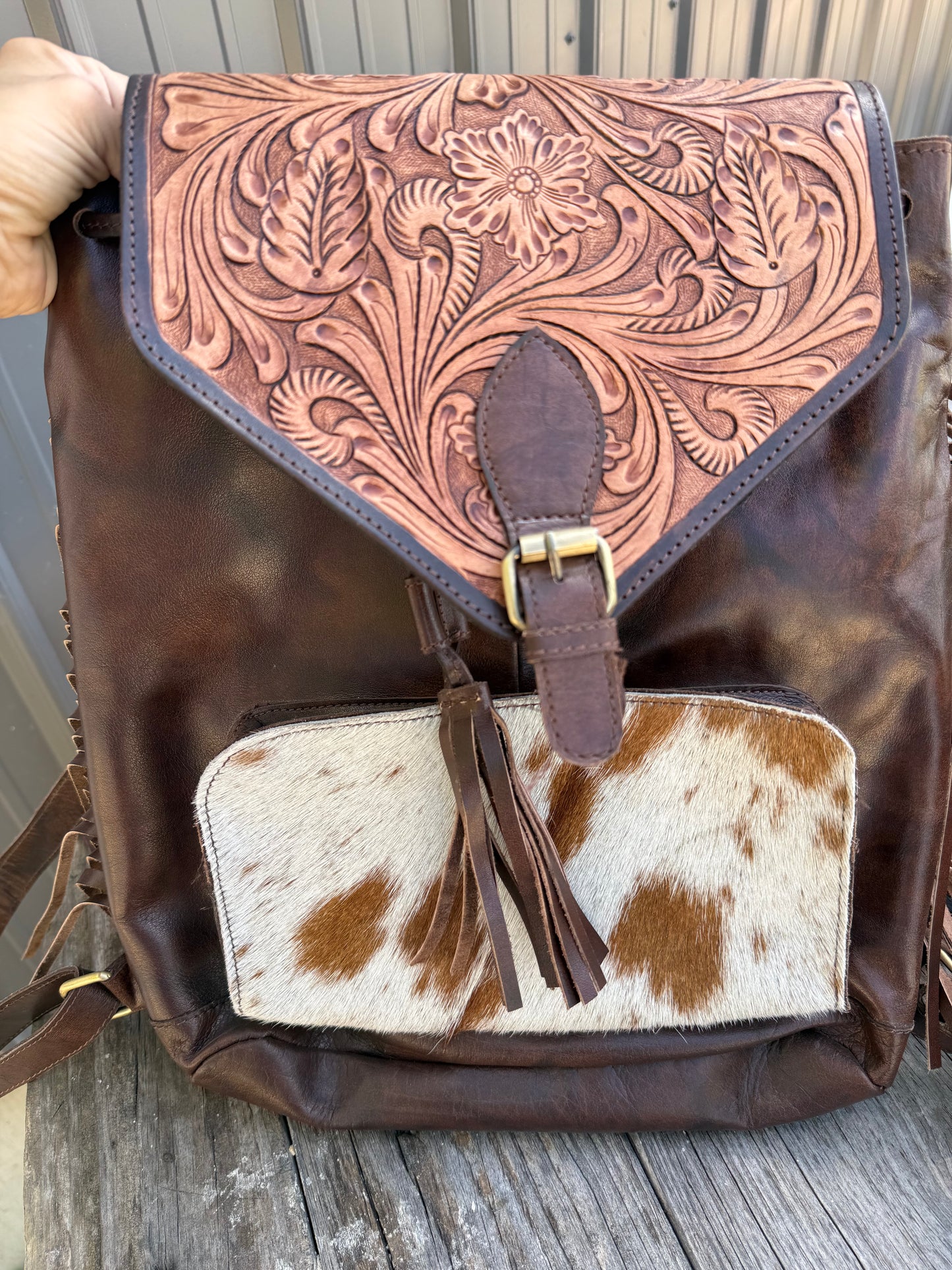 Genuine Tooled Leather Cowhide Backpack / Diaper Bag
